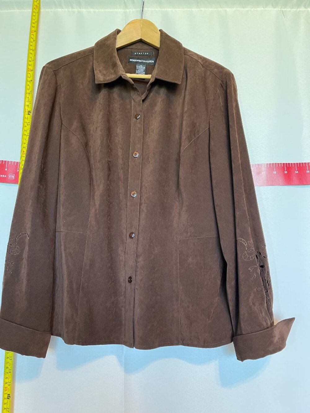 Brown Faux Suede Button Down Shirt with Lace Sleeve in Brown size 12